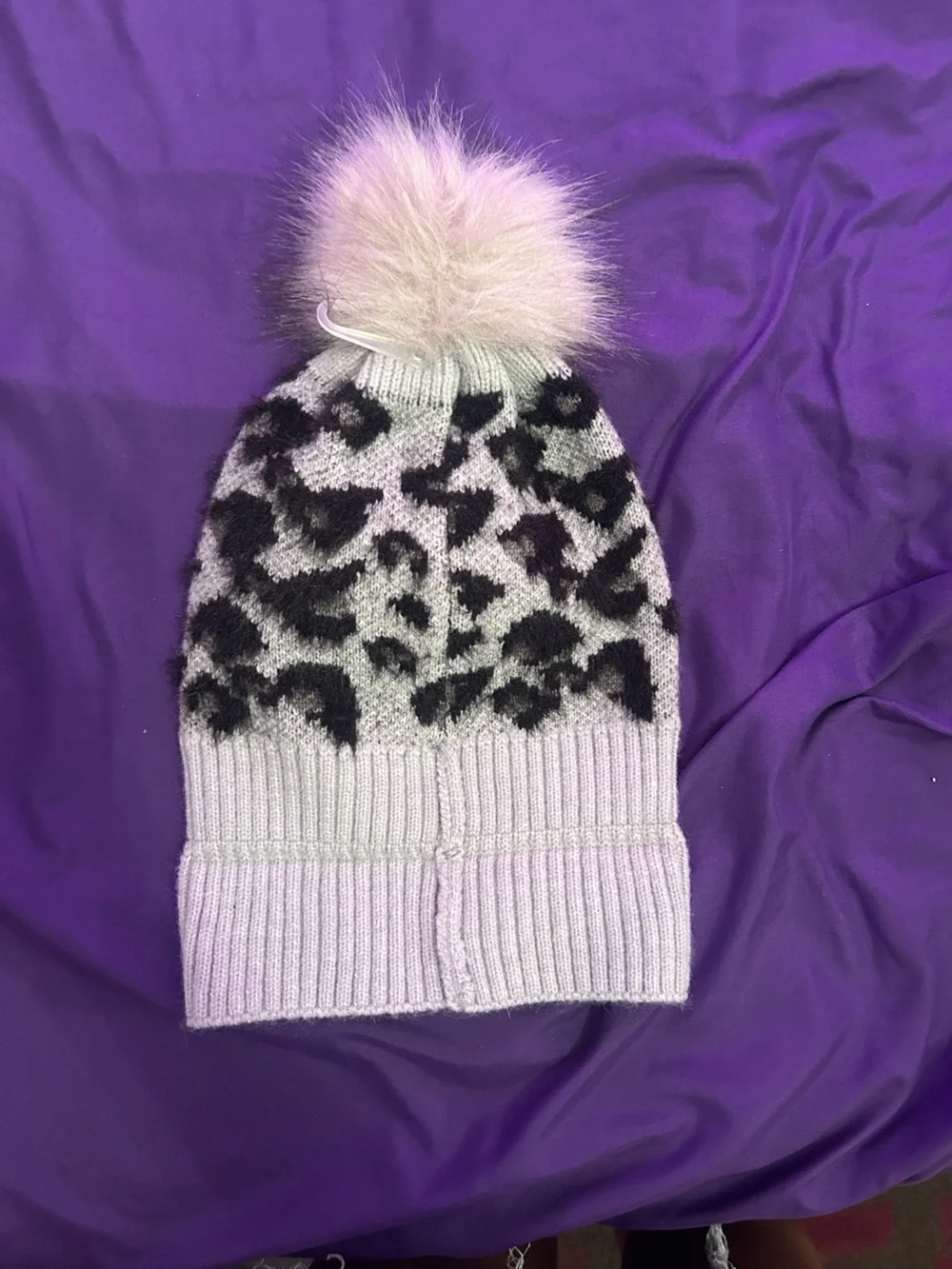 Kids Grey Leopard Knit Pom Beanie with Faux Fur Pom